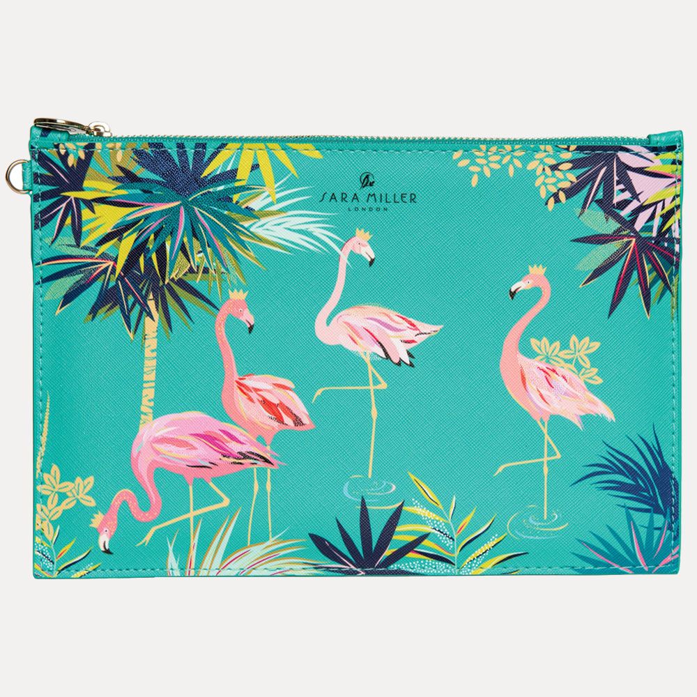 Green Flamingo Print Zip Pouch By Sara Miller
